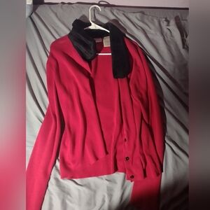 Red Cardigan with Black Collar